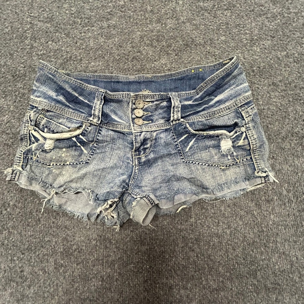 Almost Famous Shorts Womens Size 9 Blue Denim Distressed Low Rise Raw Hem Y2K